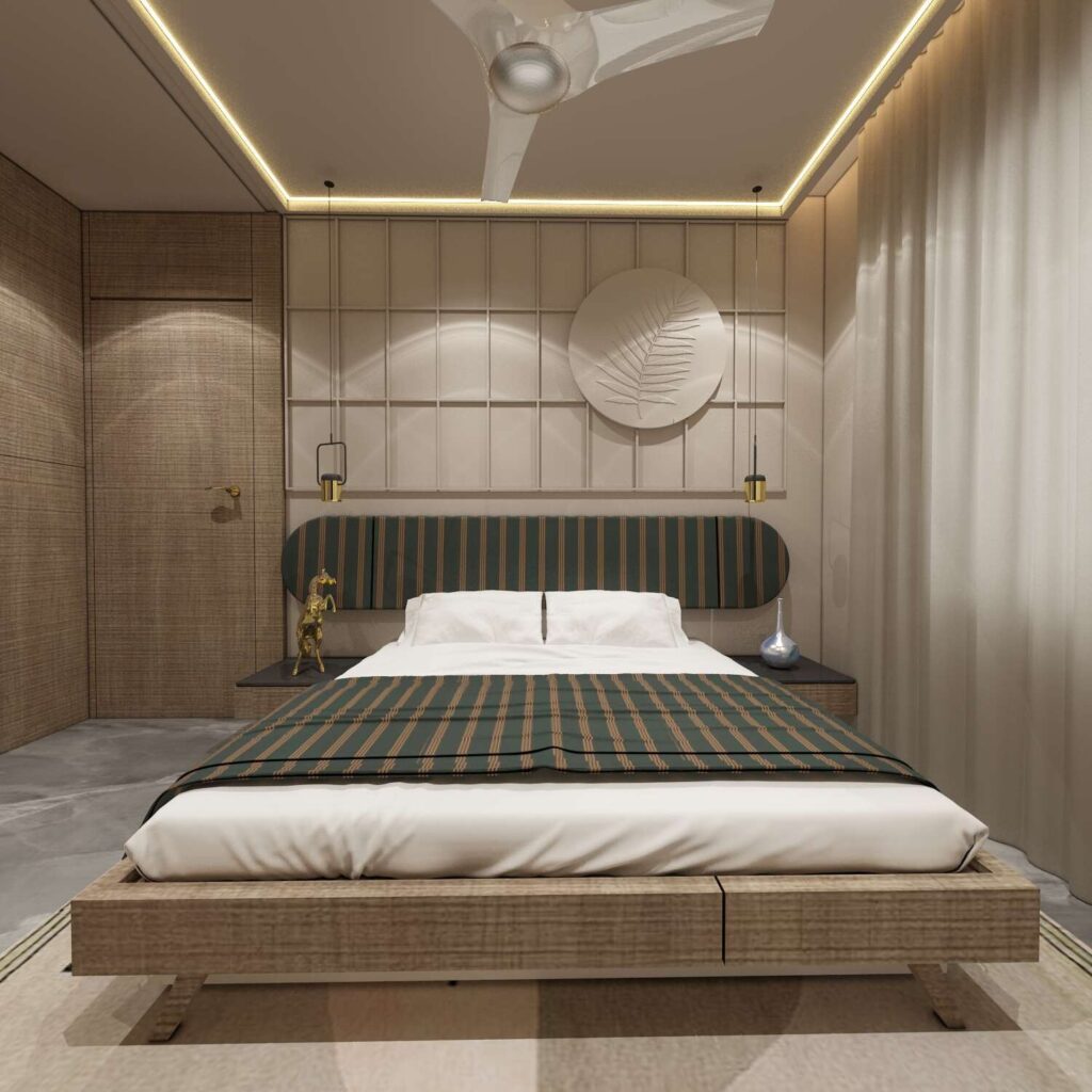 Modern bedroom interior design with bank wall and hidden storage by Nirveen Interior Pvt Ltd Ahmedabad