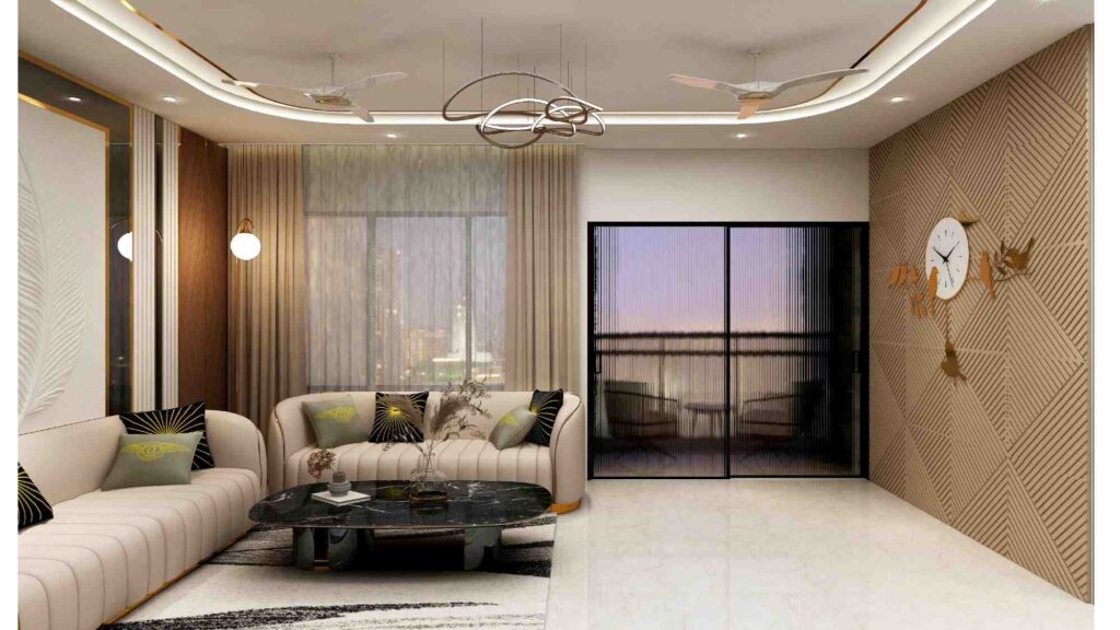 living room feature wall design Ahmedabad interior project by Nirveen Interior Pvt Ltd
