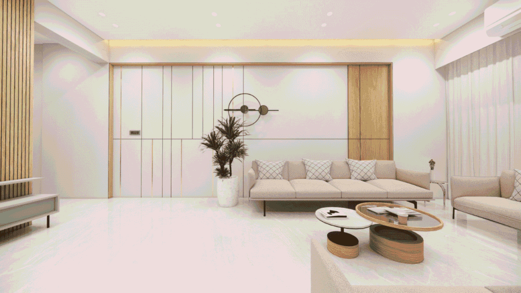 Modern living room interior design at Atmos by Solriya, Sargasan Gandhinagar