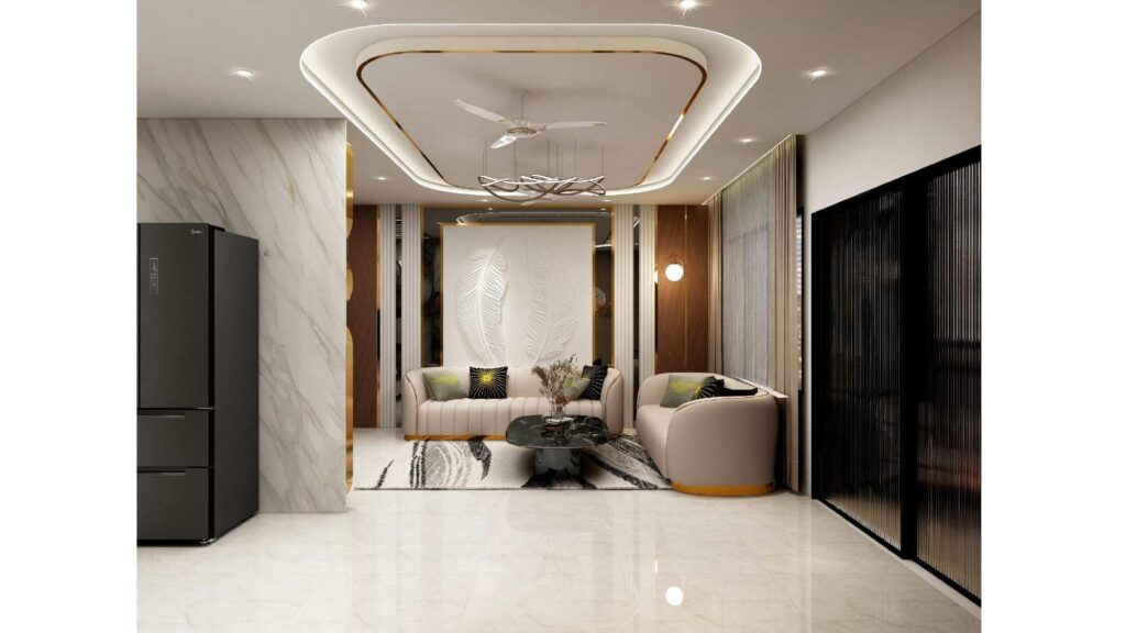 modern sofa with designer wall interior design Ahmedabad by Nirveen Interior Pvt Ltd