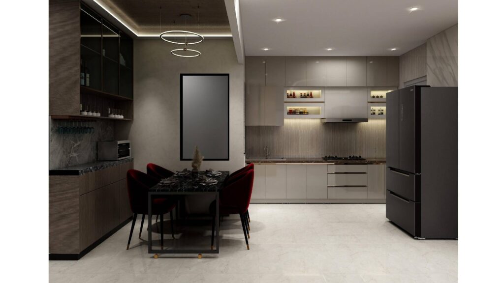 modern dining table with modular kitchen interior design Ahmedabad by Nirveen Interior Pvt Ltd