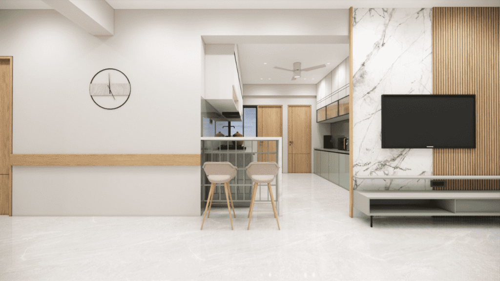 Modern living room interior design at Atmos by Solriya, Sargasan Gandhinagar