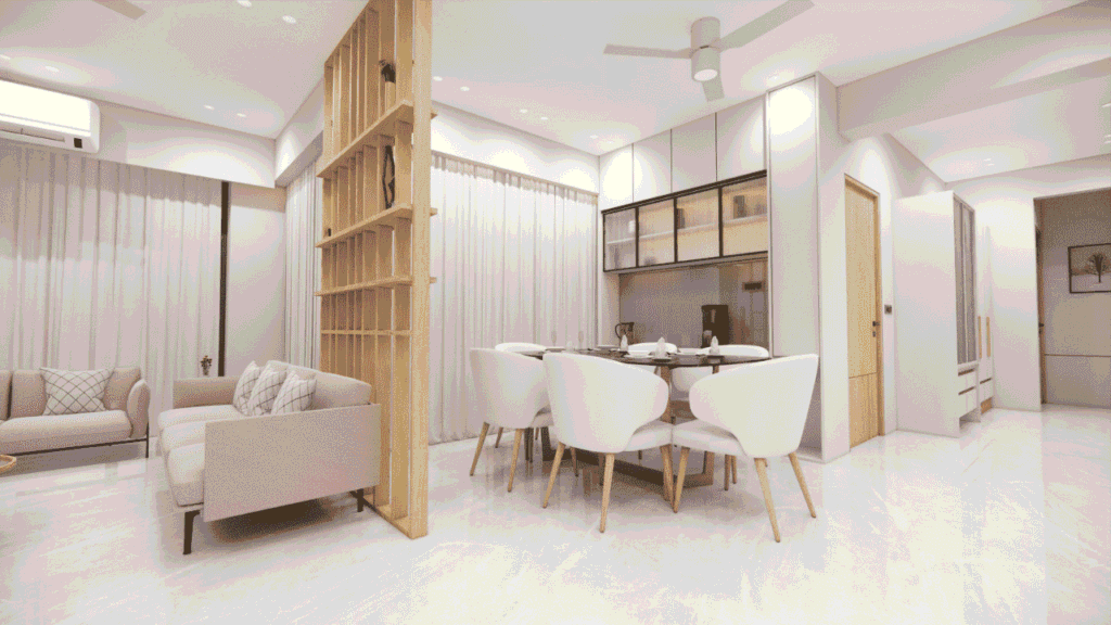 Modern living room interior design at Atmos by Solriya, Sargasan Gandhinagar