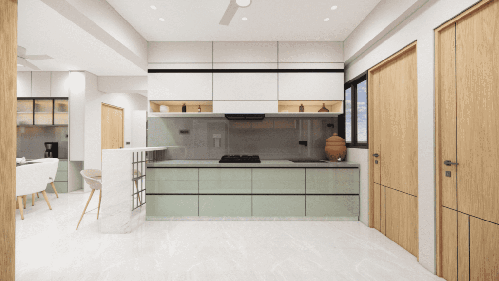 Modular kitchen interior design at Atmos by Solriya Gandhinagar — Nirveen Interior