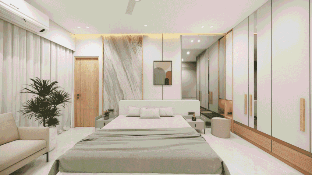 Modern master bedroom wardrobe design with soft beige finish and built-in storage by Nirveen Interior Pvt. Ltd. Ahmedabad