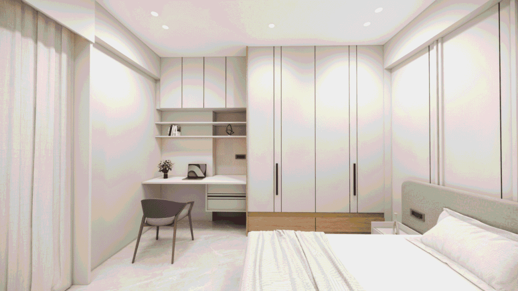 Modern semi master bedroom wardrobe design with soft beige panels and built-in storage by Nirveen Interior Pvt. Ltd. in Ahmedabad
