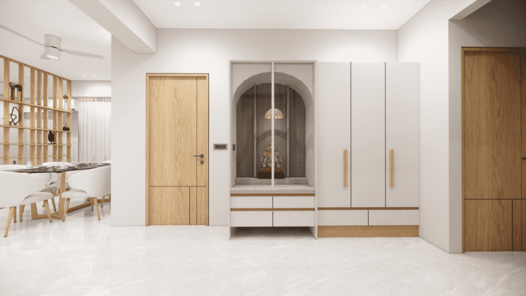 Beautiful pooja unit interior design at Atmos by Solriya, Sargasan Gandhinagar