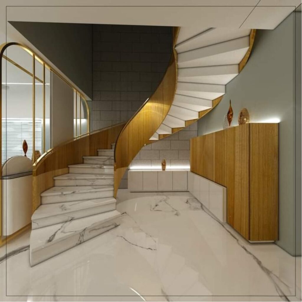 Modern staircase interior design with curved wooden railing and marble flooring in a Mumbai home