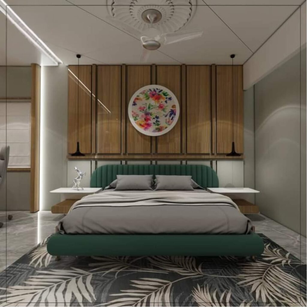 Modern bedroom interior with wooden accent wall, upholstered green bed, pendant lights, and decorative wall art