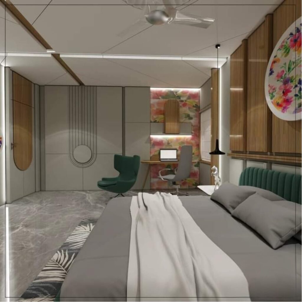 Modern bedroom interior with built-in wardrobe, study area, green accent chair, wooden paneling, and decorative wall art