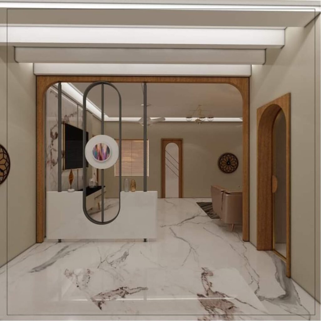Modern living room interior with marble flooring, wooden archways, and decorative partition