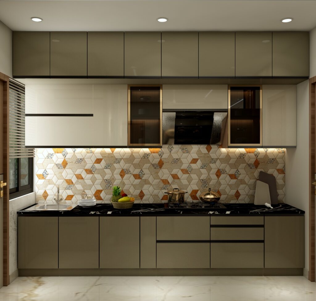 Modern modular kitchen with beige cabinets, black countertop, patterned backsplash, and under-cabinet lighting