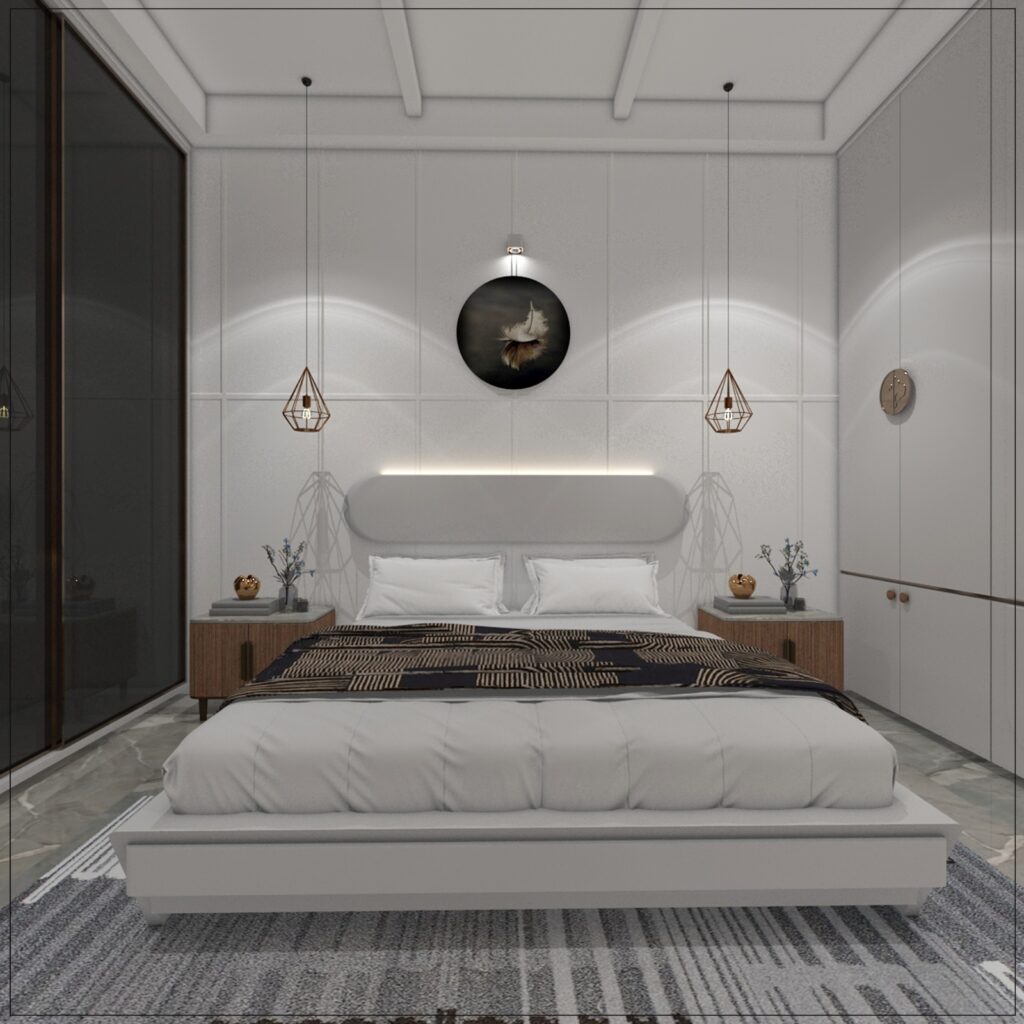 Modern bedroom interior with white wall panels, upholstered bed, wooden bedside tables, pendant lights, and built-in wardrobe